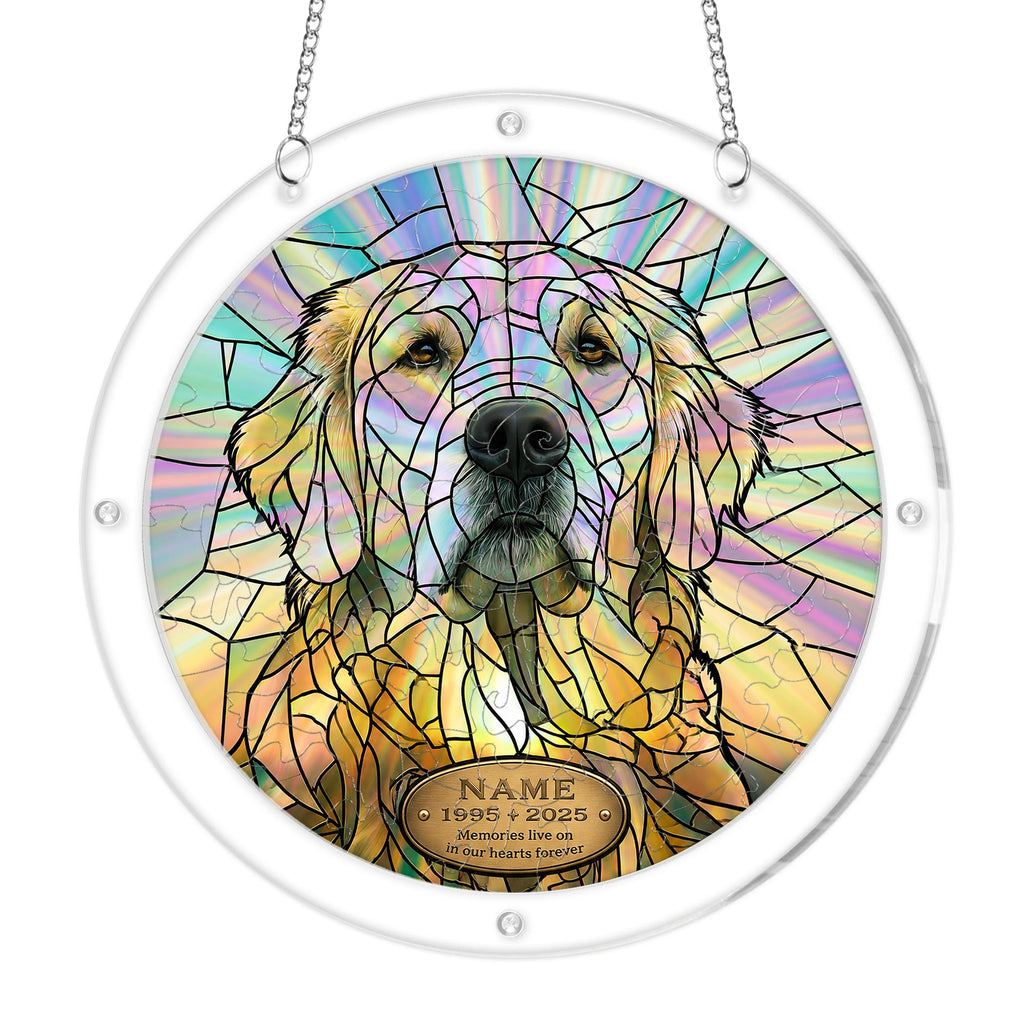 Golden doodle memorial puzzle suncatcher shown in two sizes for comparison