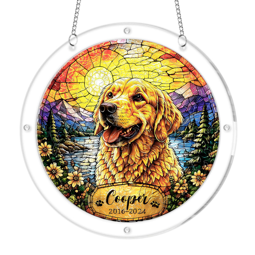 Golden retriever memorial puzzle suncatcher shown in two sizes for comparison