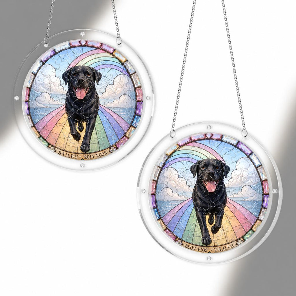 Black Labrador memorial puzzle suncatcher shown in two sizes for comparison