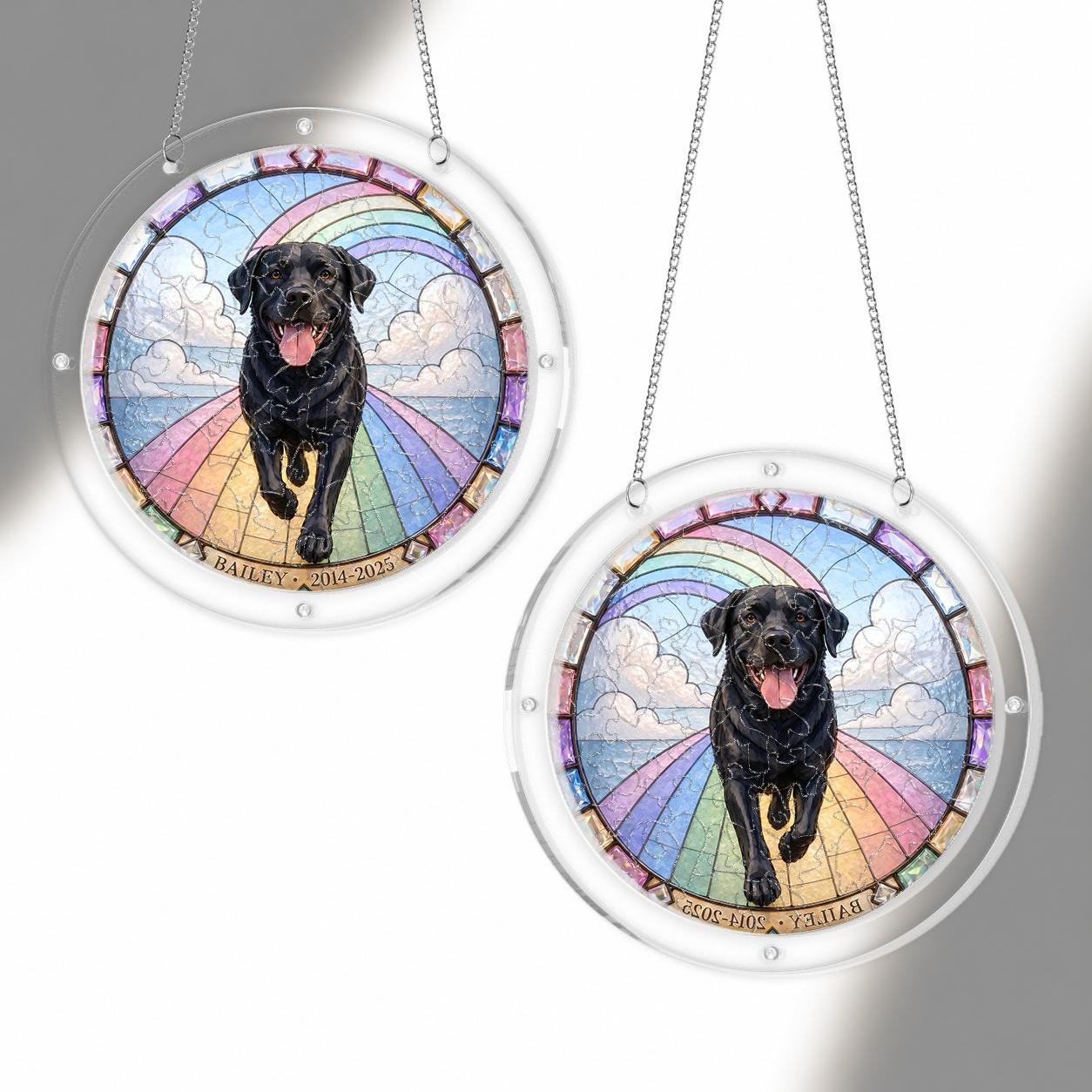 Black Labrador memorial puzzle suncatcher shown in two sizes for comparison