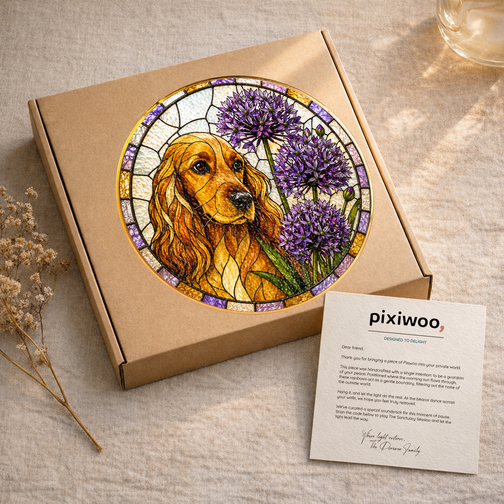 Cocker Spaniel & Allium Suncatcher in sunlight