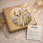 Dog & Wildflowers Stained Glass Suncatcher in sunlight