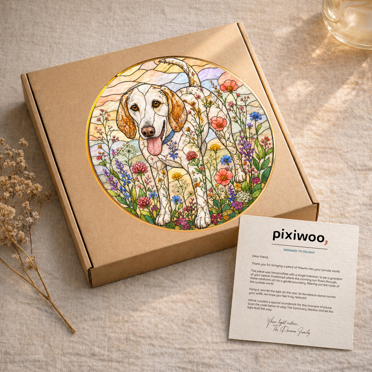 Dog & Wildflowers Stained Glass Suncatcher in sunlight