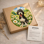 Doodle Dog in Daisy Field Suncatcher as window decor