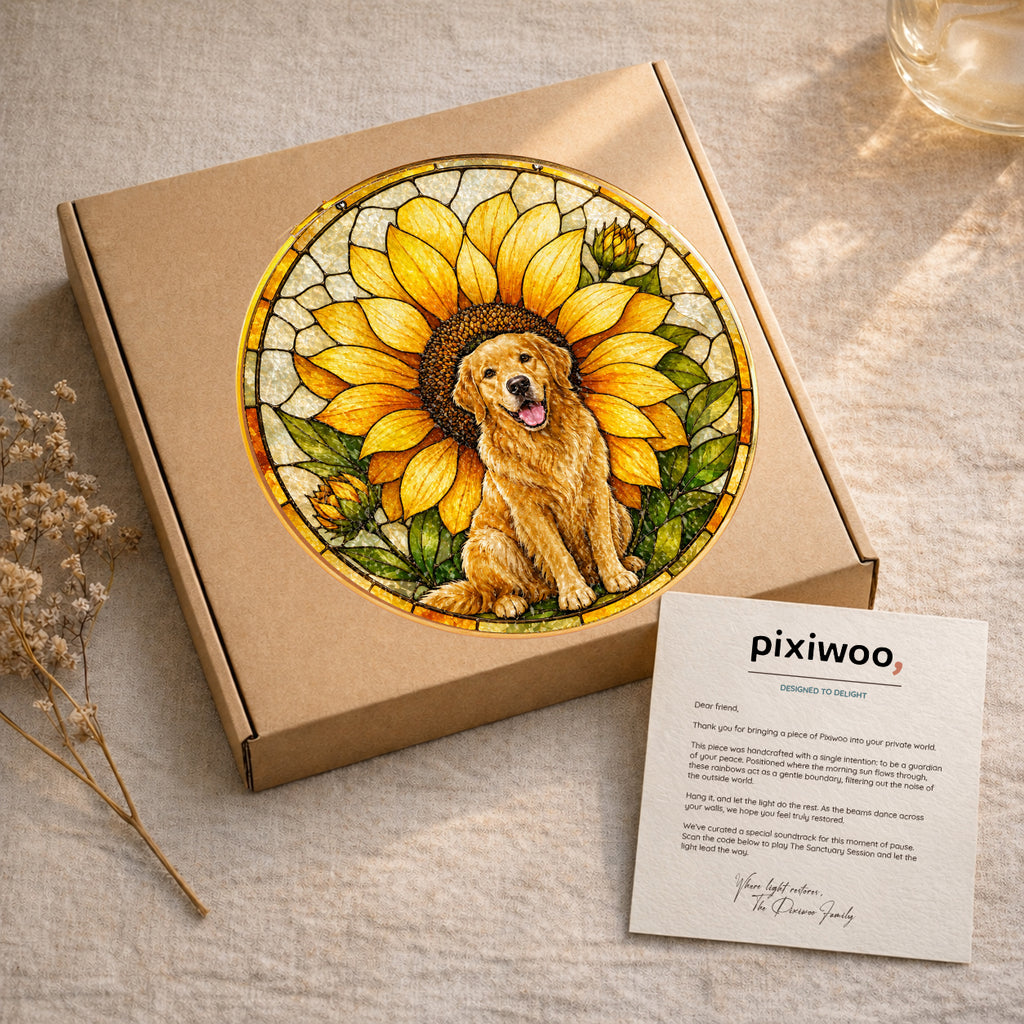 Golden Retriever Sunflower Suncatcher in sunlight