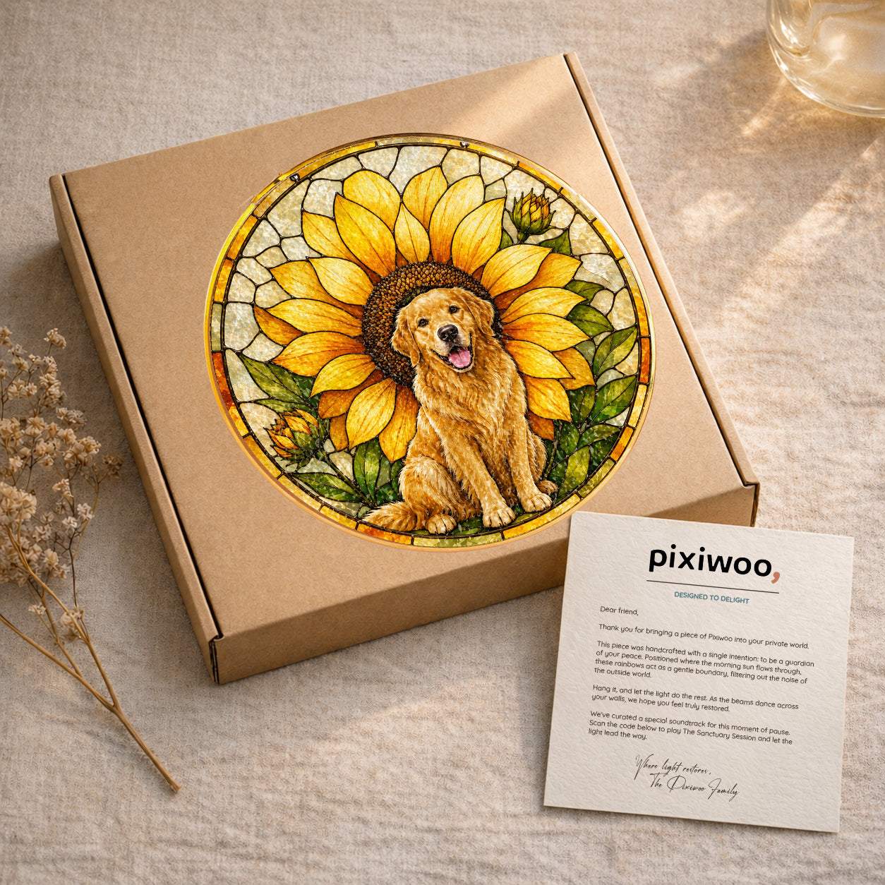 Golden Retriever Sunflower Suncatcher in sunlight