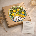 White Puppy & Lemons Glass Suncatcher as window decor