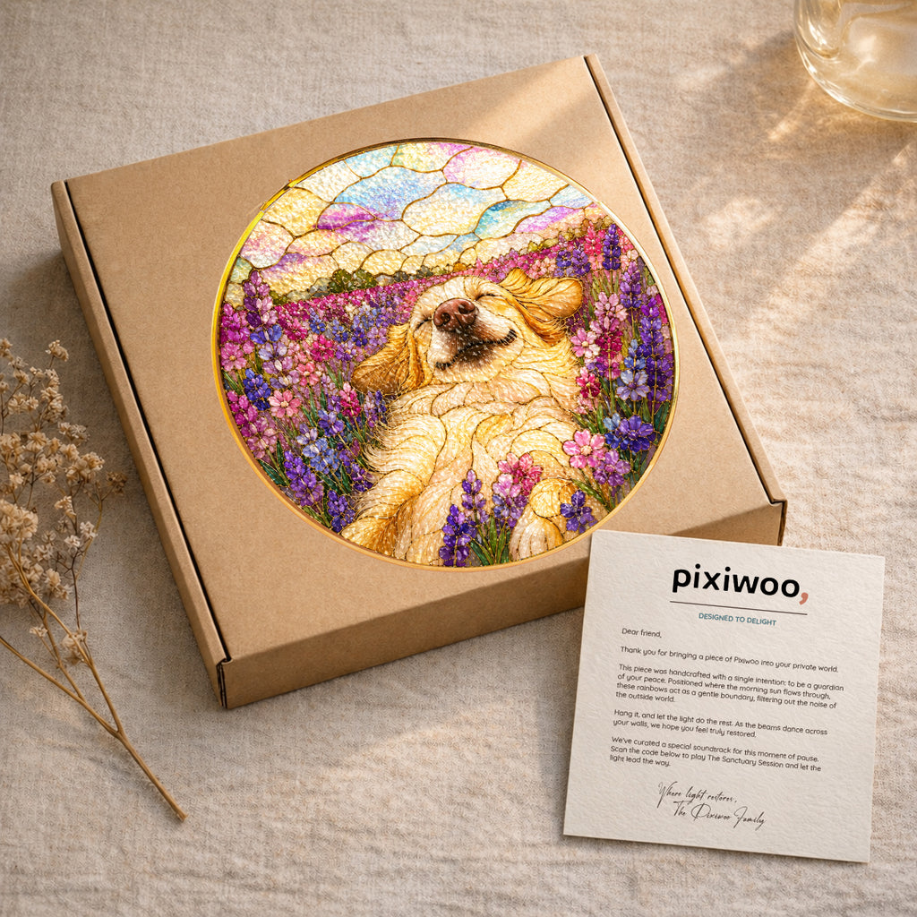 Golden Pup in Lavender Field Suncatcher as window decor