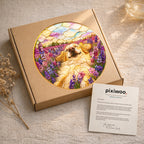 Golden Pup in Lavender Field Suncatcher as window decor