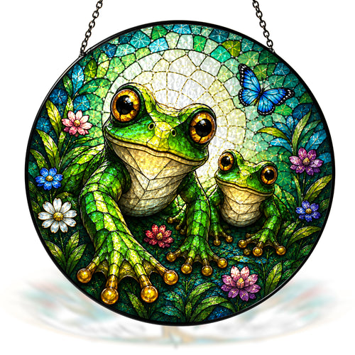 Mama and Baby Frog Wildflower Stained Glass Suncatcher
