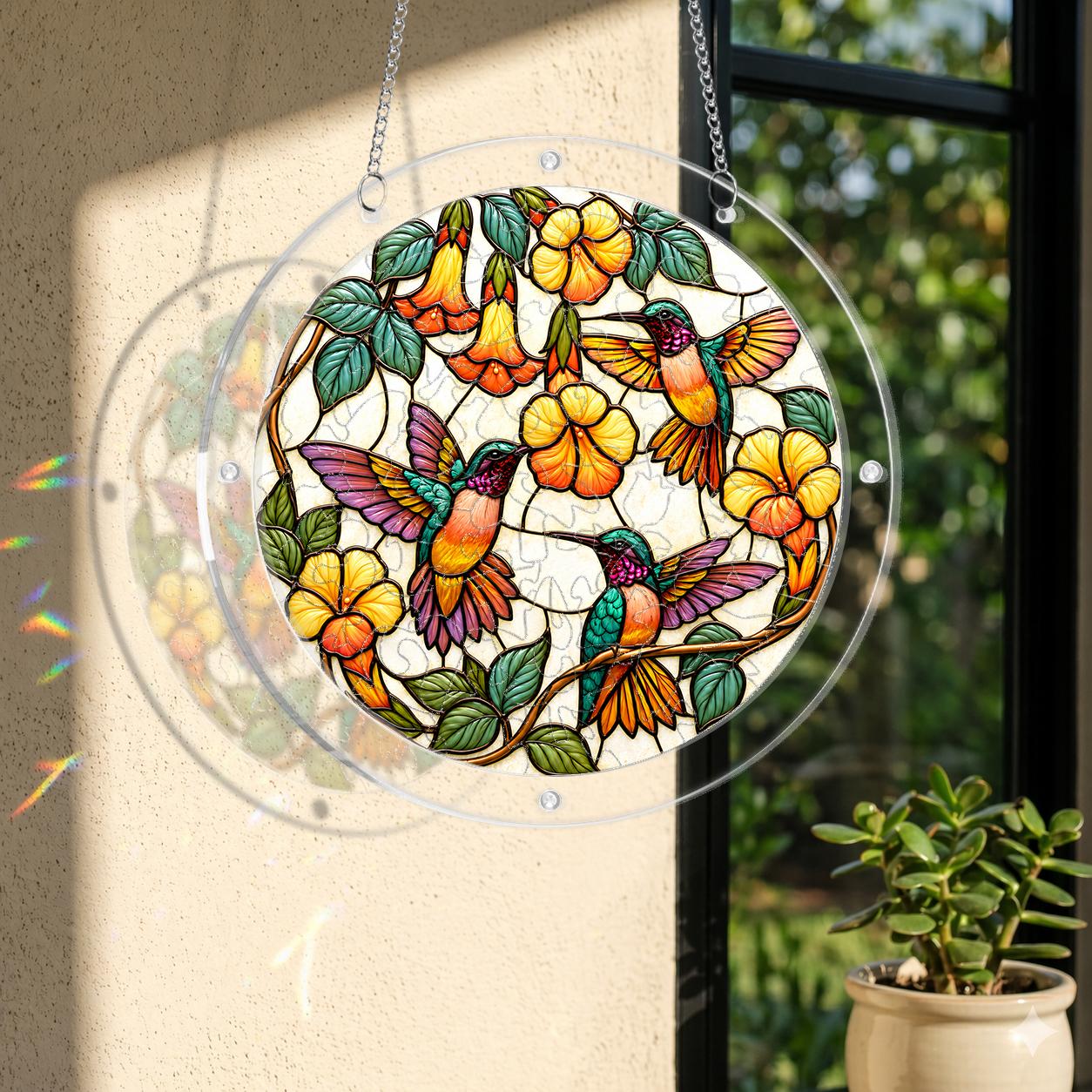 Round stained-glass-style hummingbird flower puzzle suncatcher hanging in a sunlit window