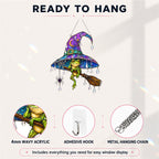 Witch Hat Frog & Broomstick Holographic Acrylic Suncatcher