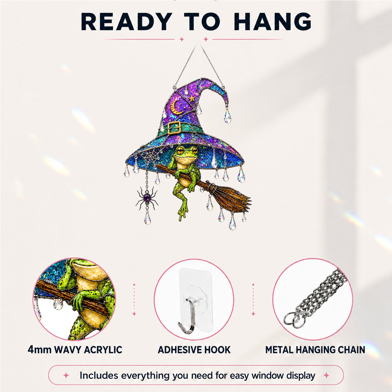 Witch Hat Frog & Broomstick Holographic Acrylic Suncatcher