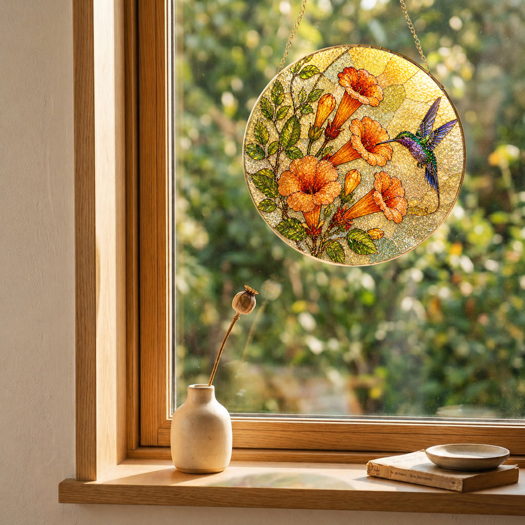 Hummingbird & Trumpet Flower Stained Glass Suncatcher