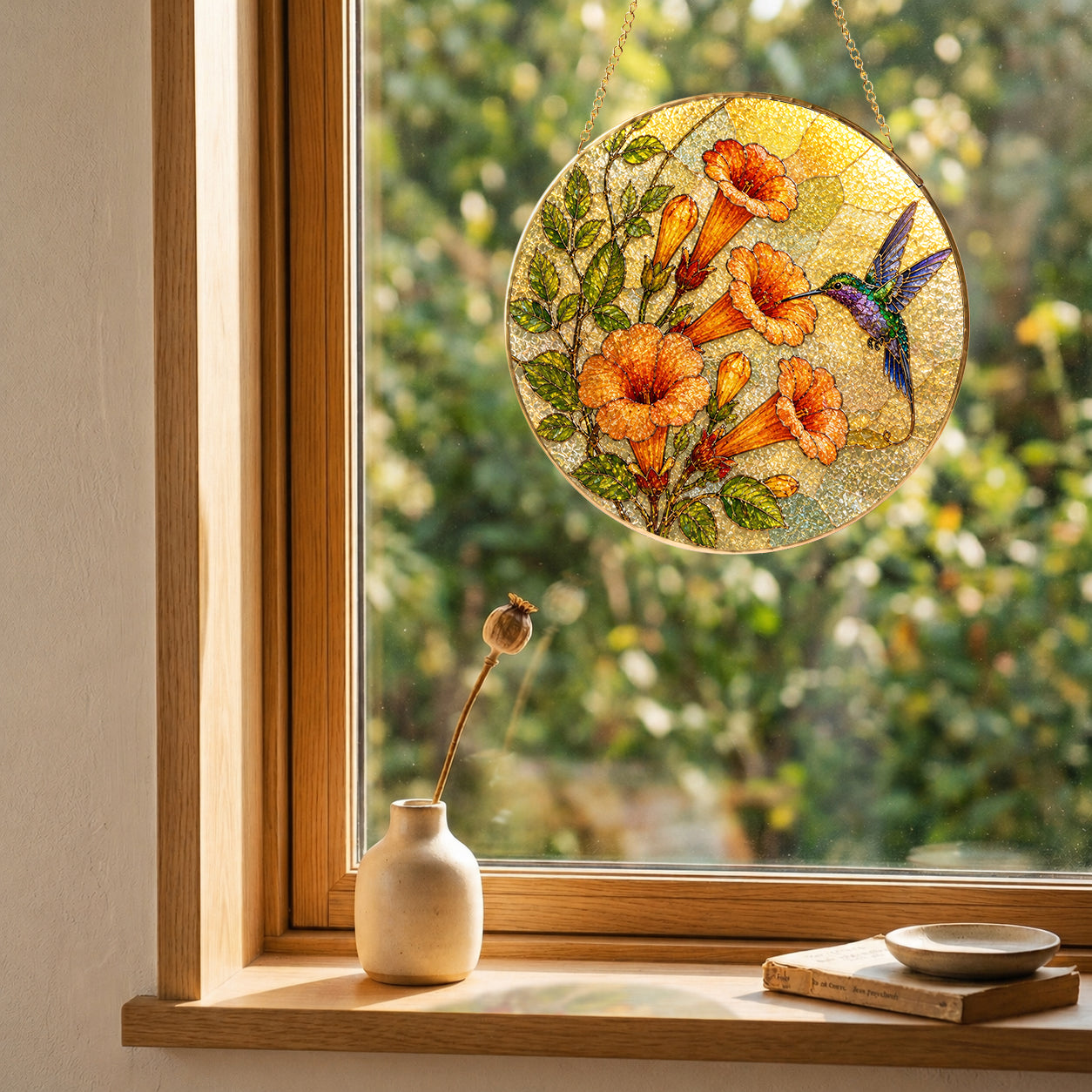 Hummingbird & Trumpet Flower Stained Glass Suncatcher