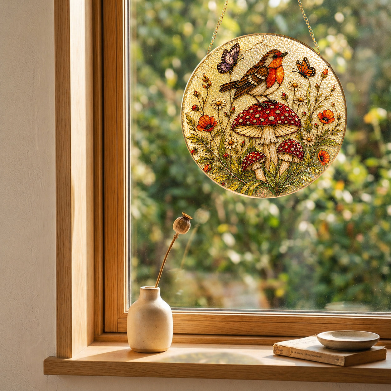 Robin & Mushroom Stained Glass Suncatcher