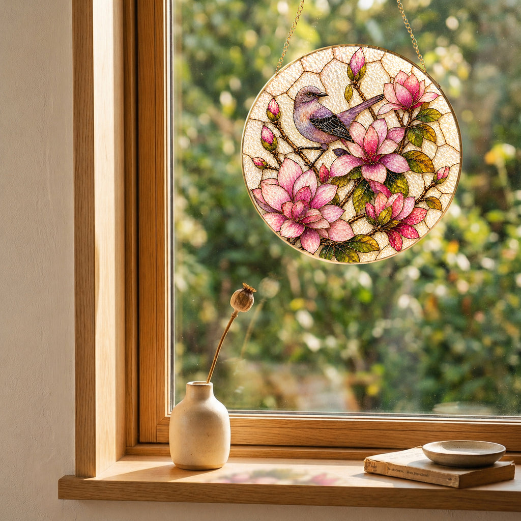 Mockingbird & Magnolia Stained Glass Suncatcher