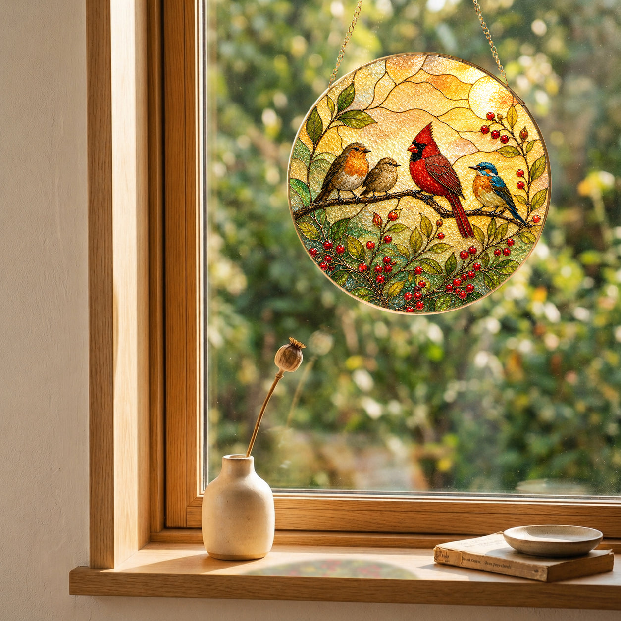 Cardinal & Songbirds Stained Glass Suncatcher