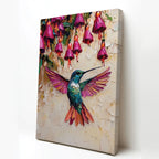 Hummingbird Canvas Wall Art Colorful Painting with Pink Flowers
