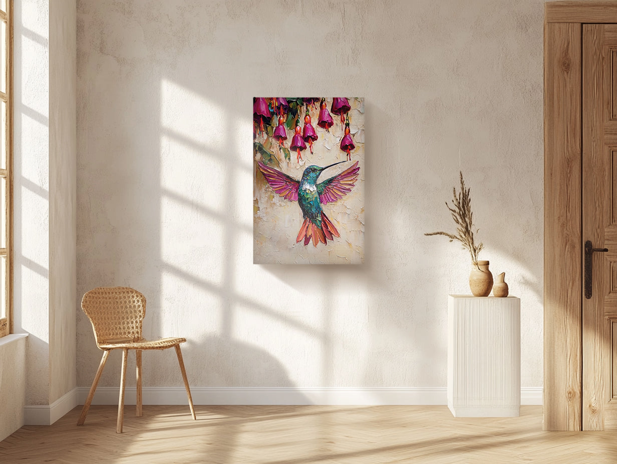 Hummingbird Canvas Wall Art Colorful Painting with Pink Flowers
