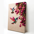 Canvas Wall Art Colorful Hummingbird Painting with Pink Flowers