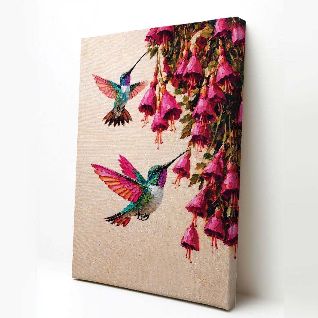 Canvas Wall Art Colorful Hummingbird Painting with Pink Flowers