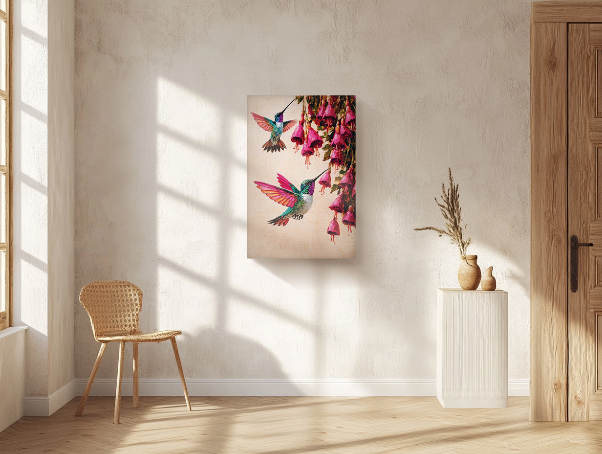 Canvas Wall Art Colorful Hummingbird Painting with Pink Flowers