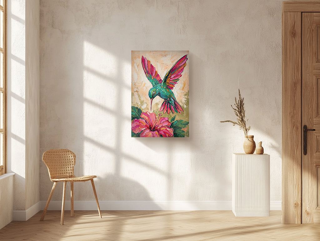 Hummingbird Canvas Wall Art Colorful Painting with Flower, Botanical Bird Prints for Living Room Bedroom Office