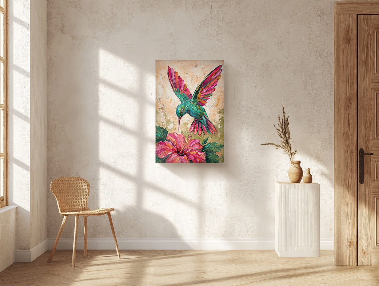 Hummingbird Canvas Wall Art Colorful Painting with Flower, Botanical Bird Prints for Living Room Bedroom Office
