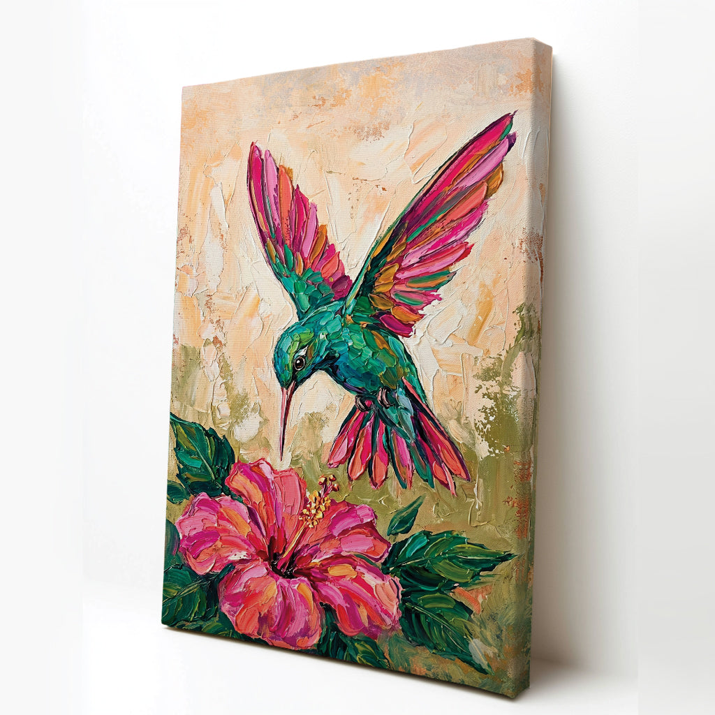 Hummingbird Canvas Wall Art Colorful Painting with Flower, Botanical Bird Prints for Living Room Bedroom Office