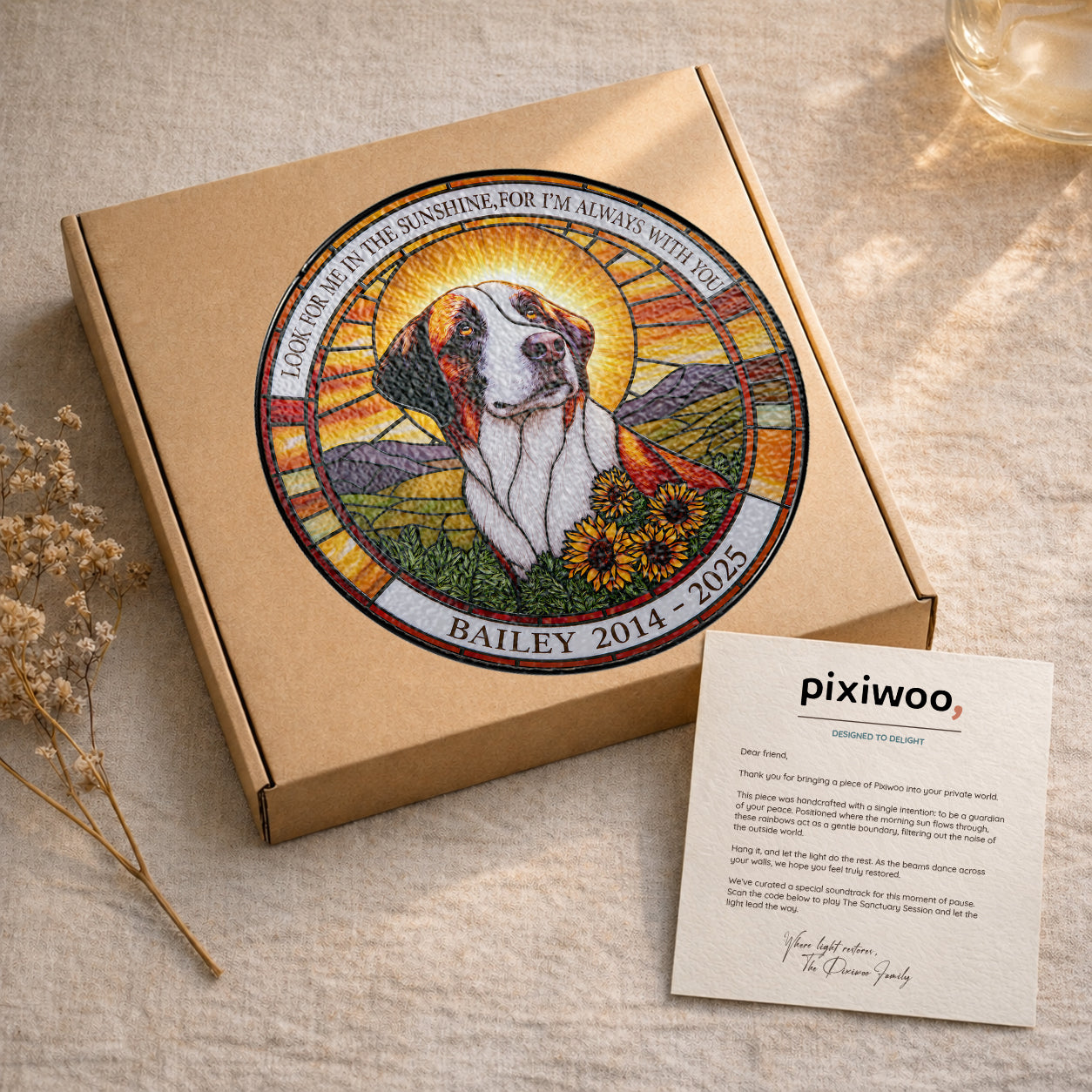 Dog memorial suncatcher with pixiwoo gift box and thank you card