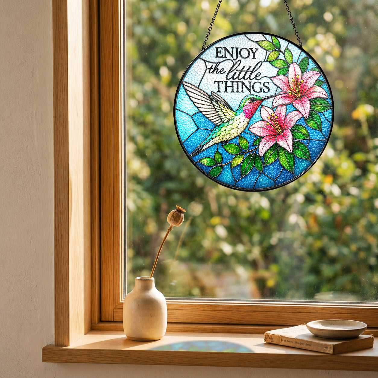 Enjoy the Little Things Hummingbird Stained Glass Suncatcher