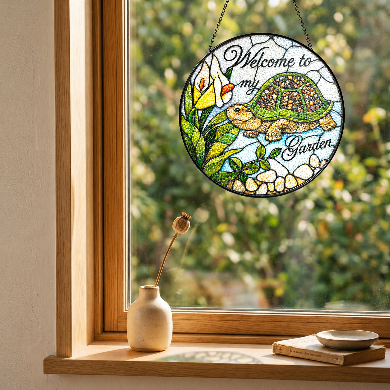 Welcome to My Garden Turtle Stained Glass Suncatcher