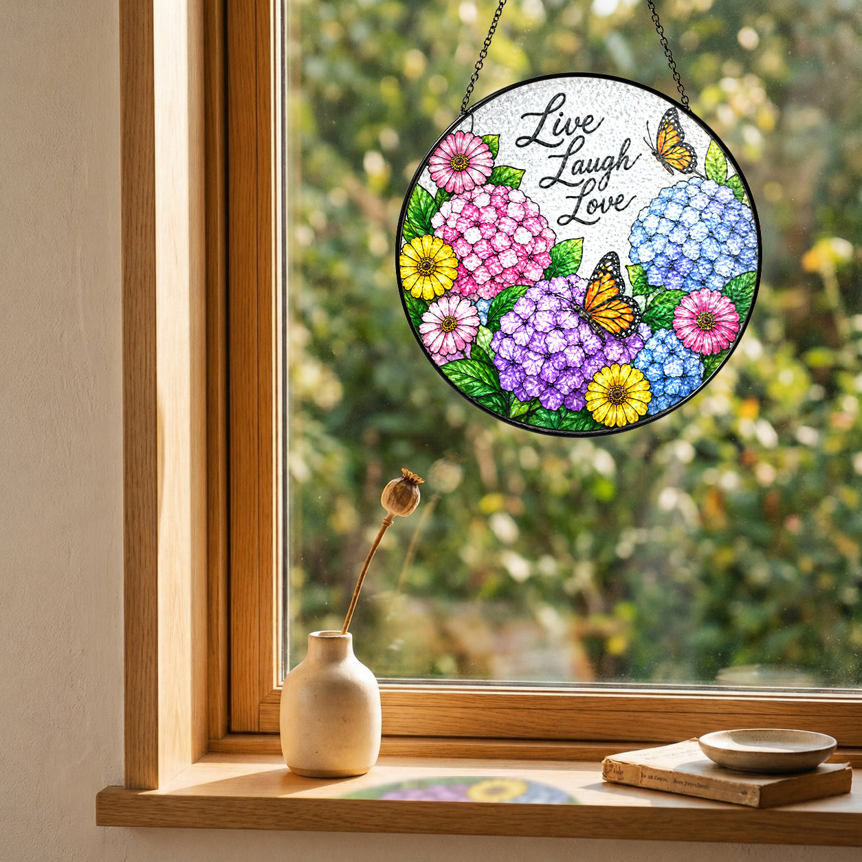 Live Laugh Love Floral Butterfly Stained Glass Suncatcher