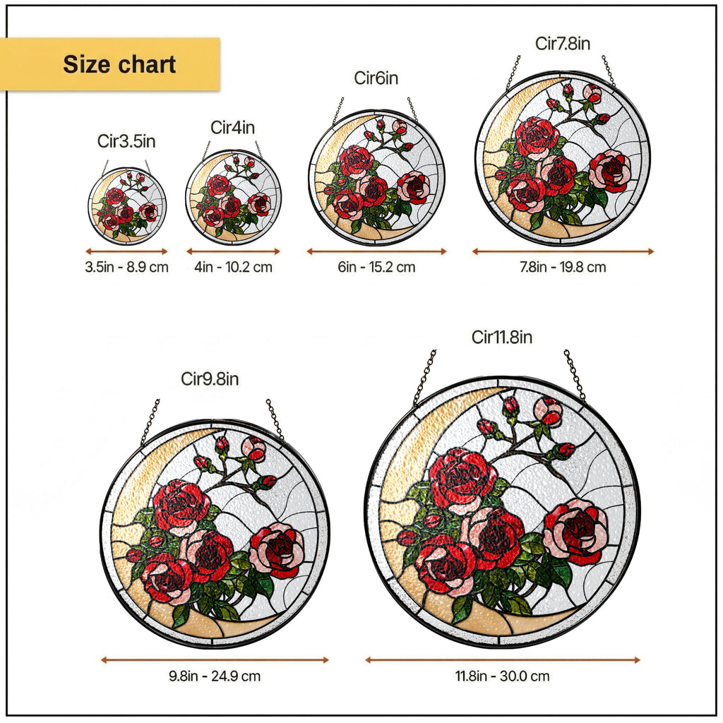 Rose suncatcher size chart with 3.5, 4, 6, 7.8, 9.8, and 11.8 inch options