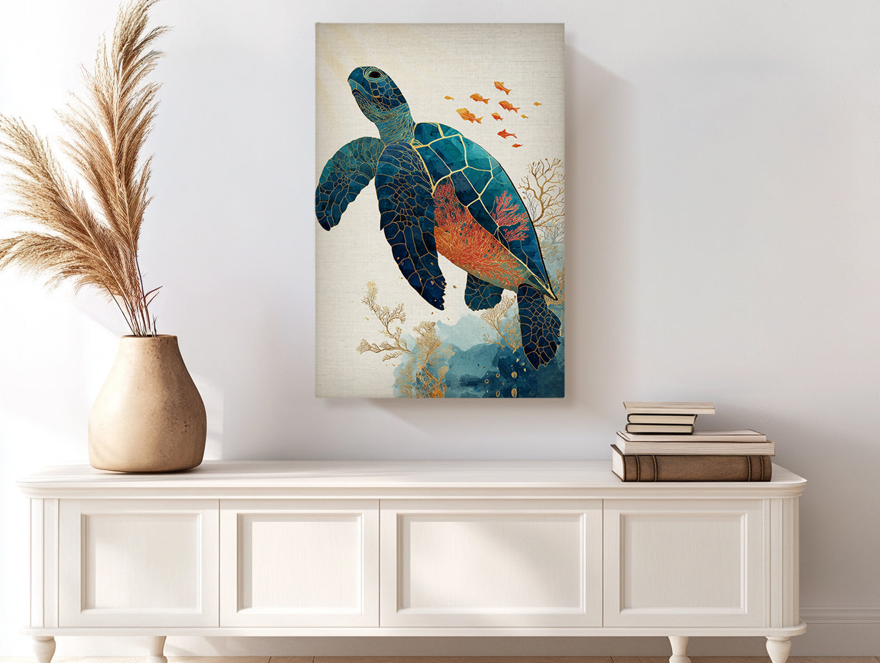 Sea Turtle Canvas Wall Art with Coral Reef and Gold Line Design