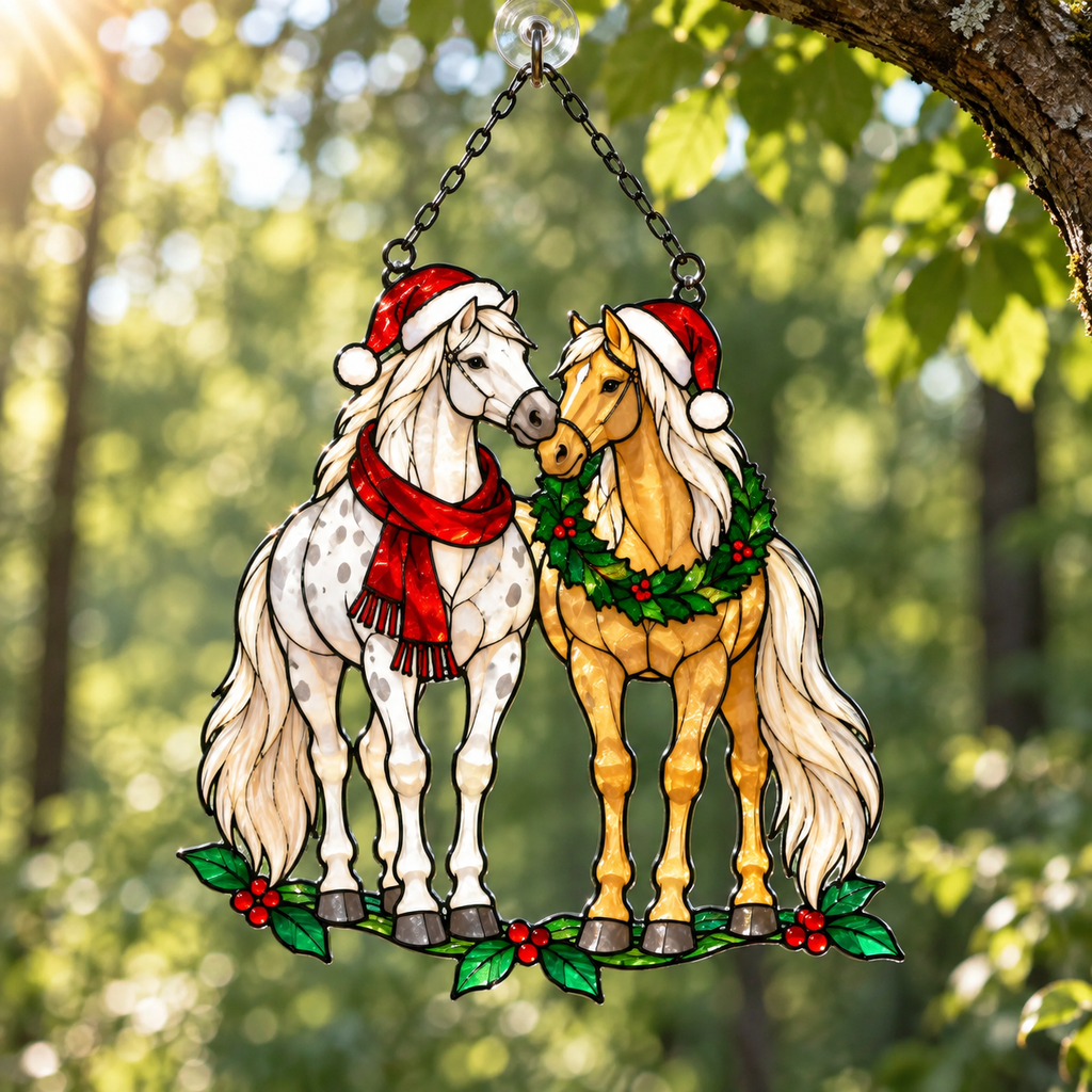Horse Pair in Santa Hats with Wreath Holographic Acrylic Suncatcher