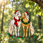 Horse Pair in Santa Hats with Wreath Holographic Acrylic Suncatcher