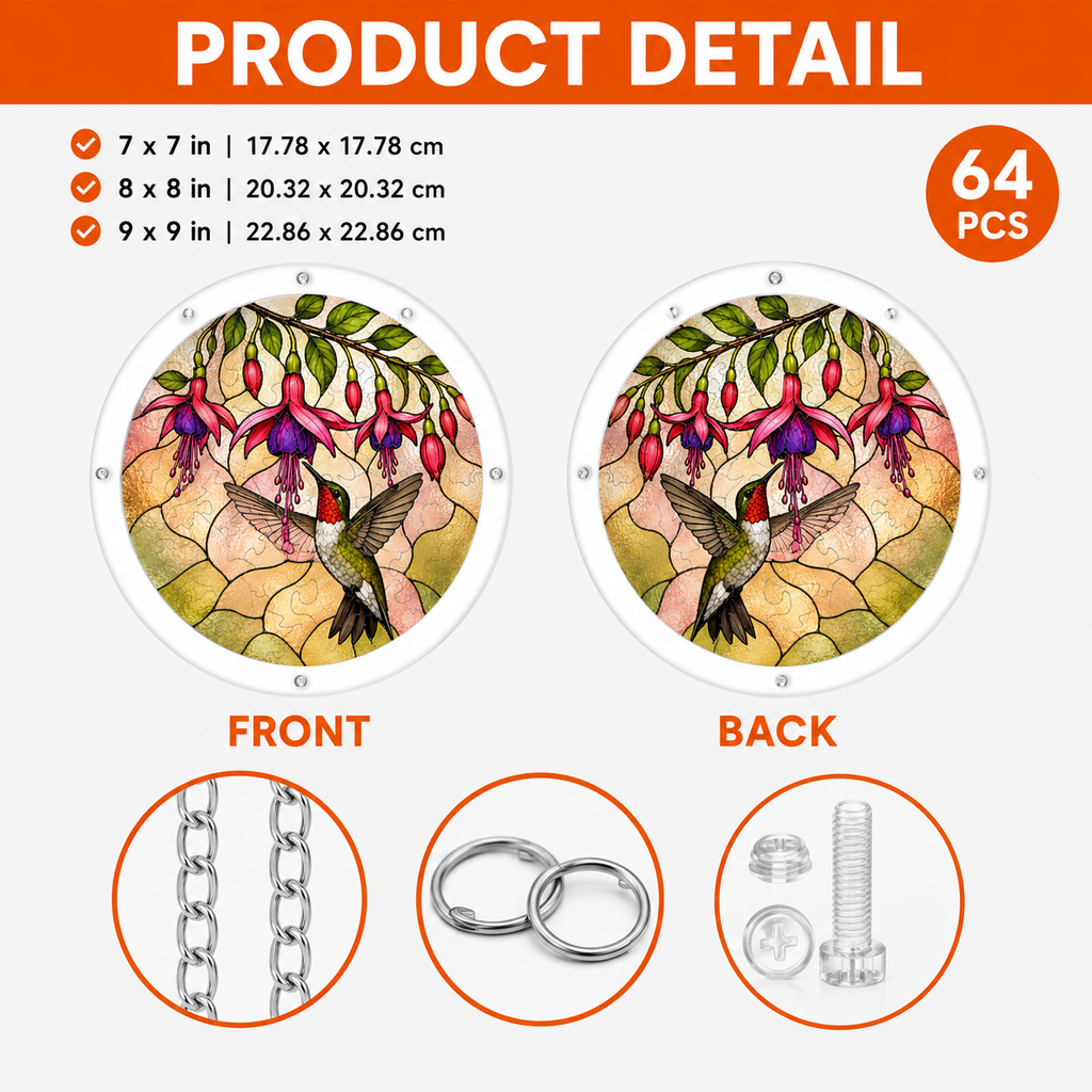 Product detail image showing front and back of hummingbird fuchsia flower acrylic jigsaw puzzle suncatcher
