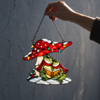 Frog Couple Reading under a Christmas Mushroom Holographic Acrylic Suncatcher