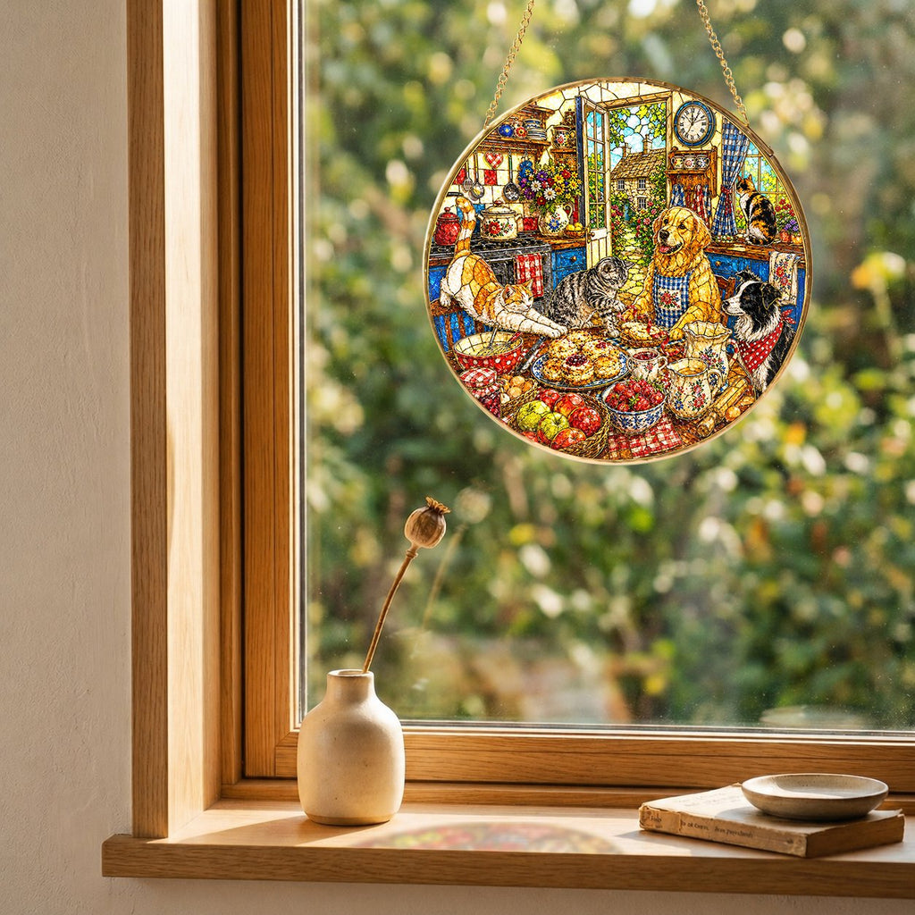 Cats and dogs cottage stained glass suncatcher