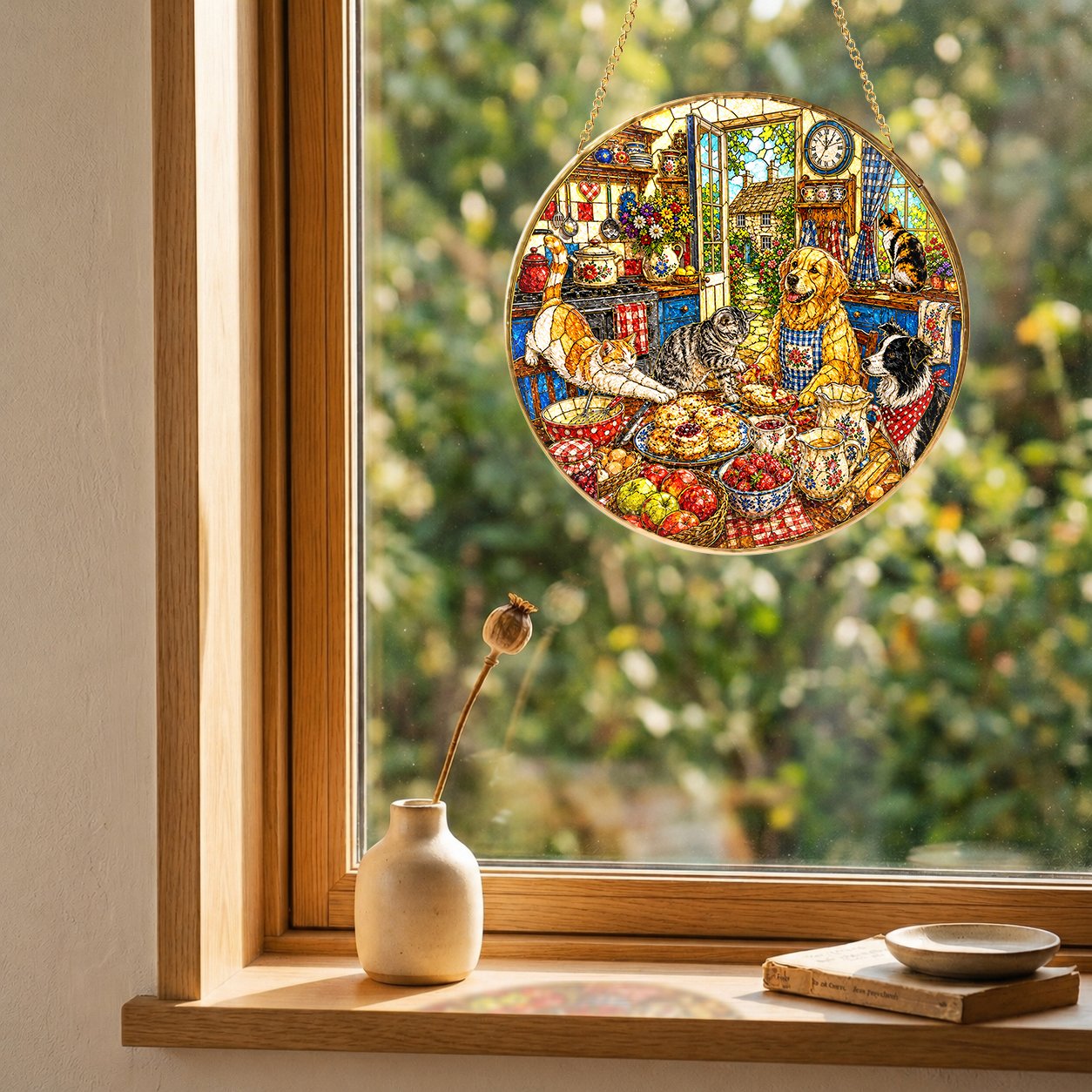 Cats and dogs cottage stained glass suncatcher