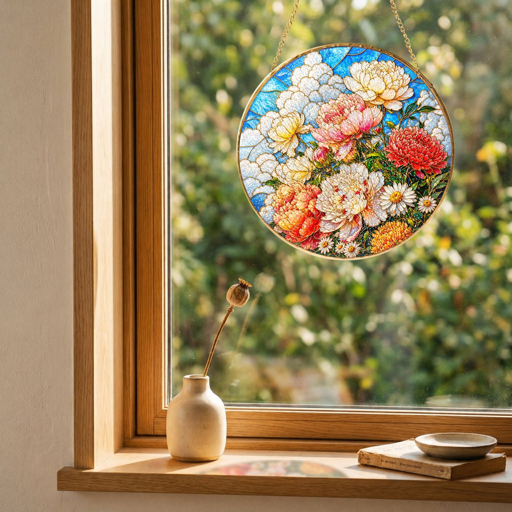 Peony Bouquet Stained Glass Suncatcher