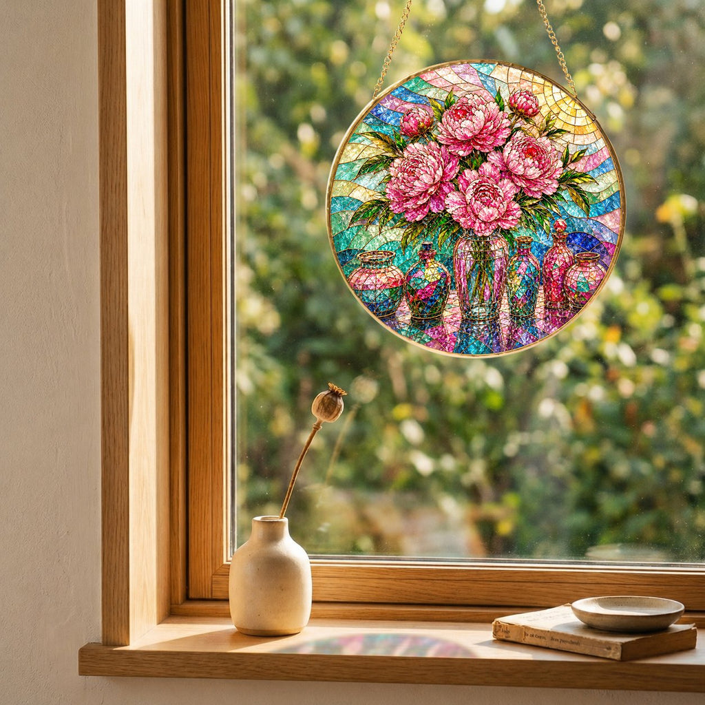 Pink Peony Stained Glass Suncatcher
