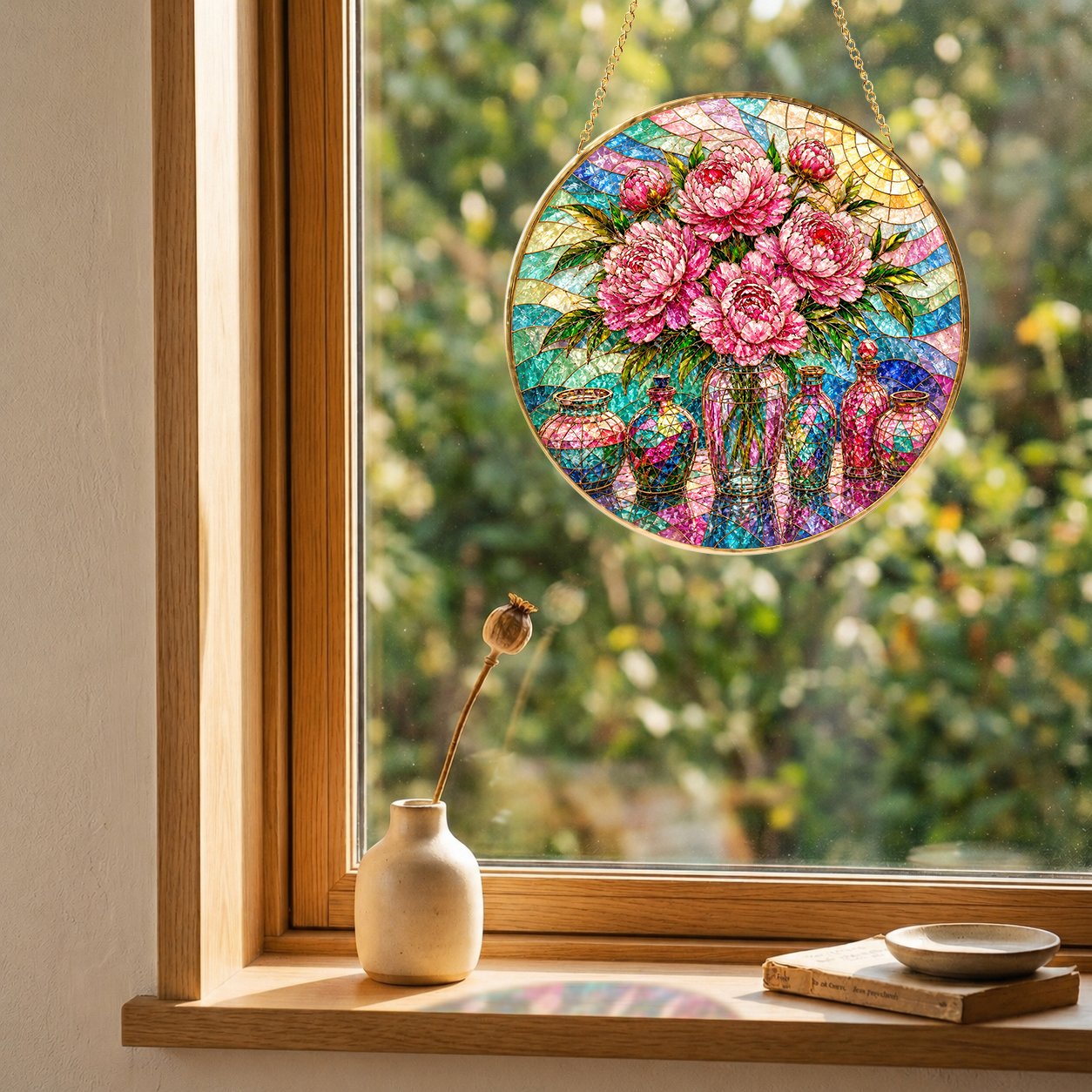 Pink Peony Stained Glass Suncatcher