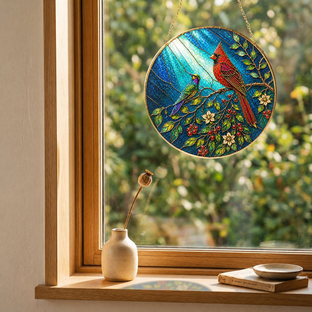 Cardinal Bird Stained Glass Suncatcher