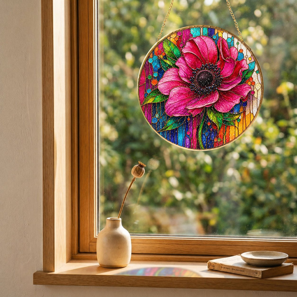 Pink Anemone Floral Stained Glass Suncatcher