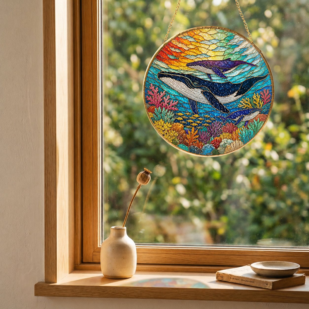 Whale Ocean Stained Glass Suncatcher