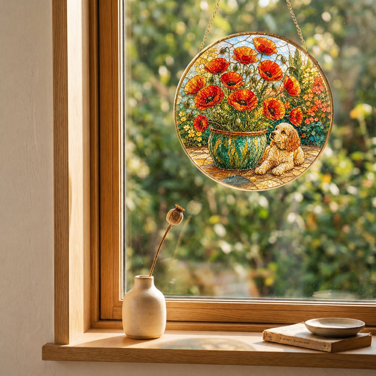 Poppy and Puppy Stained Glass Suncatcher