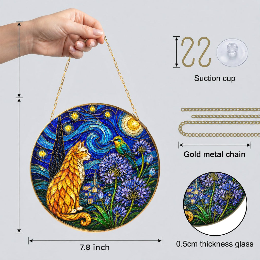 Starry Night Cat Stained Glass Suncatcher